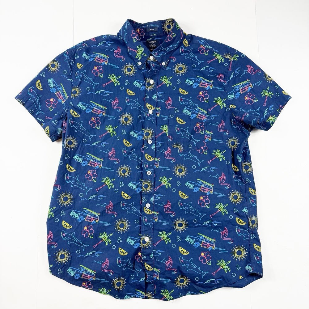 J. Crew Flex‎ Washed Slim Palm Tree Flamingo  Navy Short Sleeve Button Up Shirt